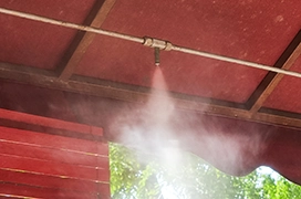 Mist being sprayed from a misting system.