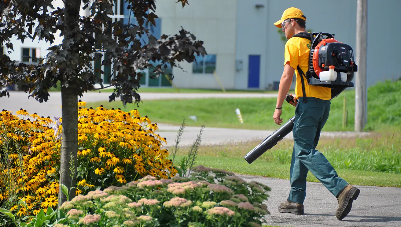 The Grounds Guys service professional using a leaf blower near a bed of flowers.