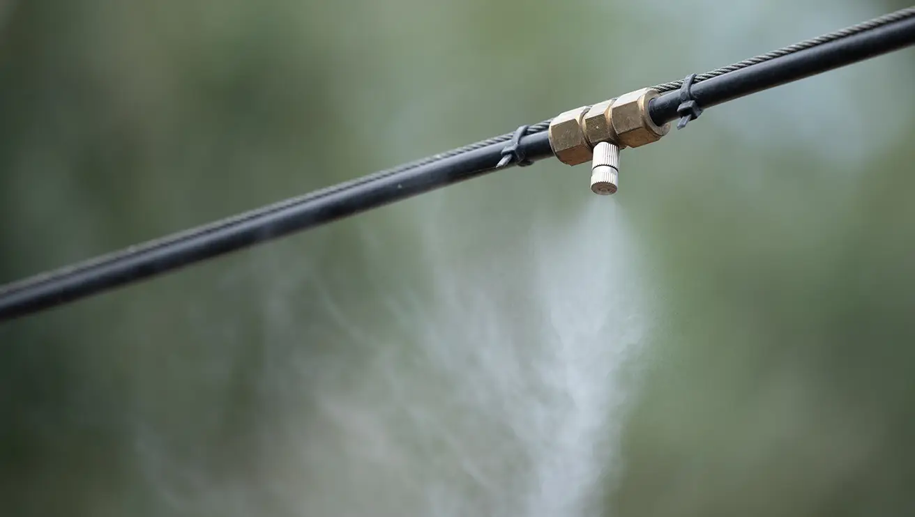 The brass nozzle of a misting system spraying water.