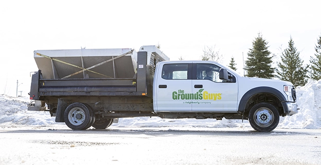 The Grounds Guys branded truck in a parking lot cleared of snow.