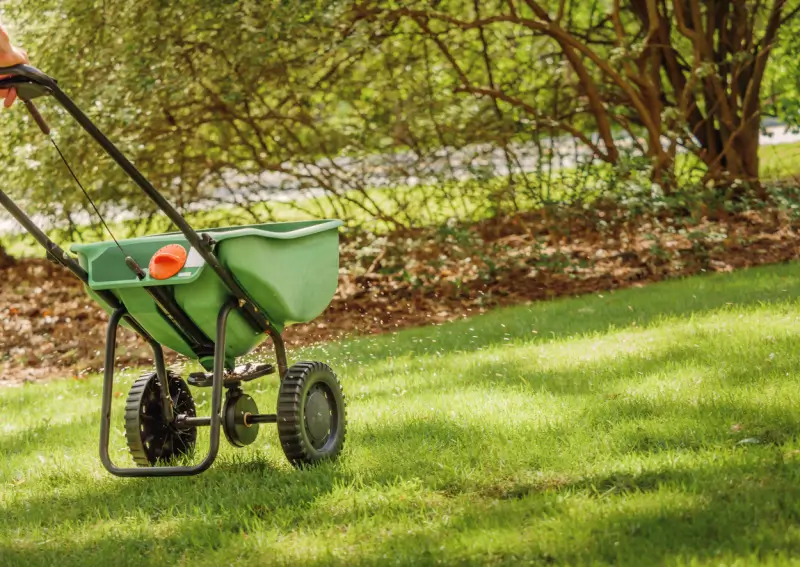 Fertilizer spreader on grass.