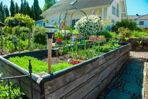 Raised garden bed in front yard of home.