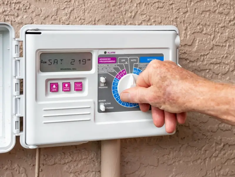 Landscaper adjusting automatic sprinkler control system.