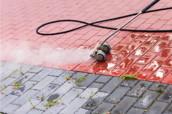 Steam coming out of steamer being used for weed removal on pavement.