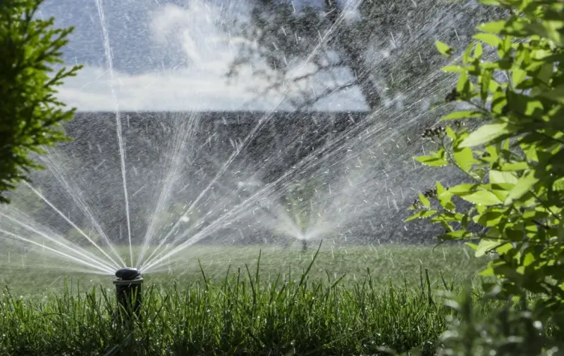 Automatic sprinkler system watering the lawn.