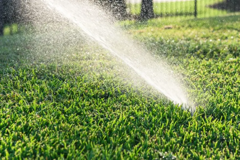 Rotor sprinkler system watering lawn.